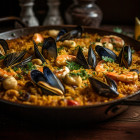 Eine Pfanne mit Meeresfrüchten-Paella