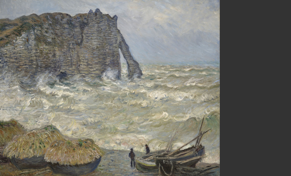 Gemälde "Étretat, Stürmische See" von Claude Monet aus der Ausstellung "Monets Küste – Die Entdeckung von Étretat" im Städel Museum Frankfurt    Claude Monet, Étretat, Stürmische See, 1883, Öl auf Leinwand, 81,4 x 100,4 cm,