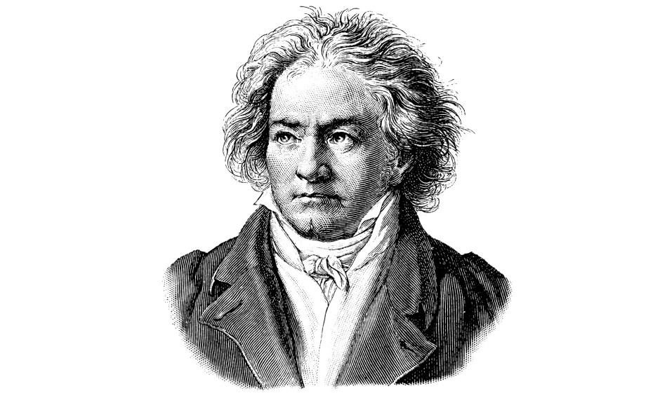 Antiker Stich aus dem 19. Jahrhundert, der ein Porträt von Ludwig van Beethoven zeigt