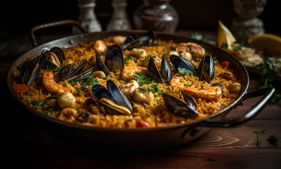 Eine Pfanne mit Meeresfrüchten-Paella