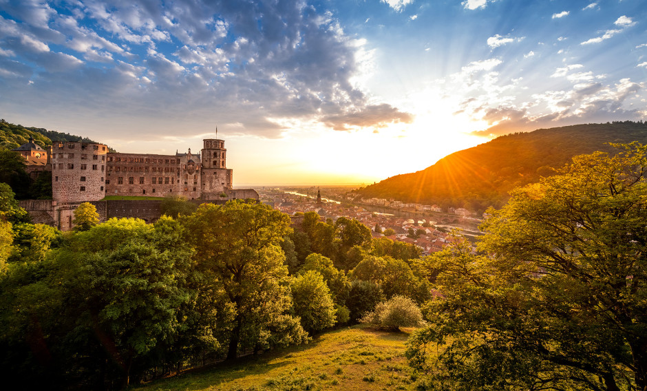 Blick über Schloss und Altstadt in die Rheinebene