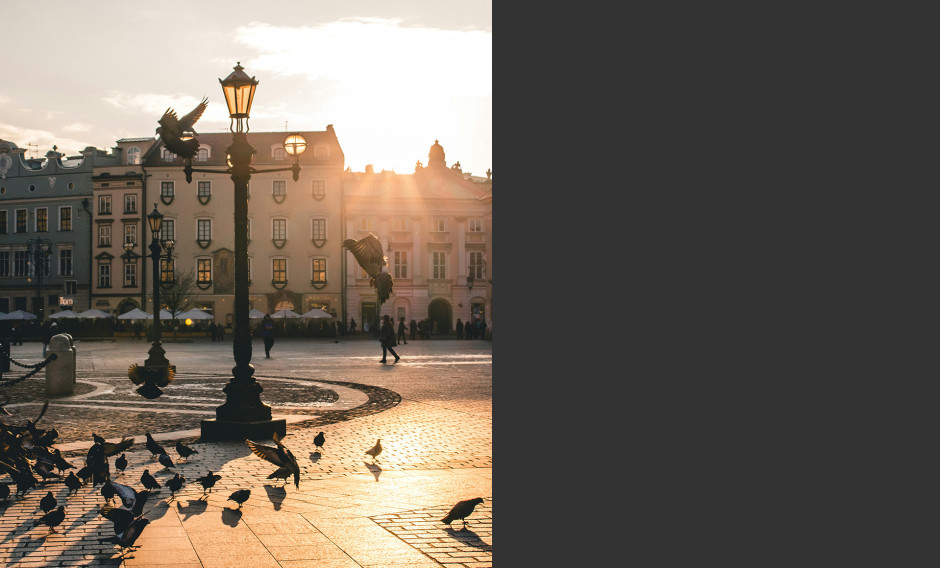 Krakau Ein Platz mit Tauben in Krakau