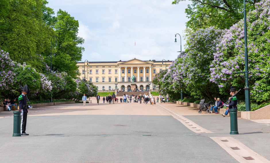 Blick auf Allee und Königliches Schloss in Oslo mit Fliederbäumen
