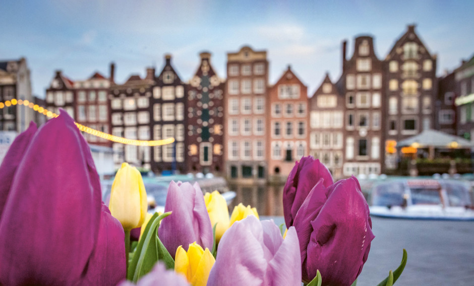 Pittoreske Gracht in Amsterdam mit Tulpen im Vordergrund